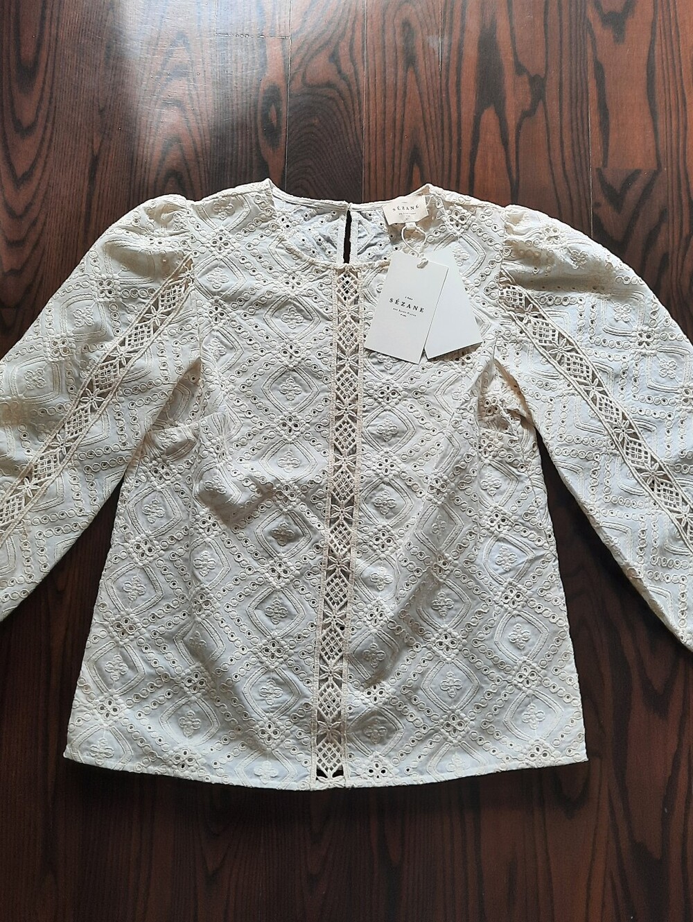 Sézane Cream Lace Eyelet Long-Sleeve Top